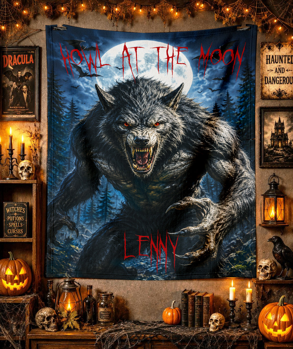 Optional Personalized Werewolf Blanket | Custom Halloween Throw | Gothic Horror Wolf Gift | Spooky  Macabre Tapestry Decor