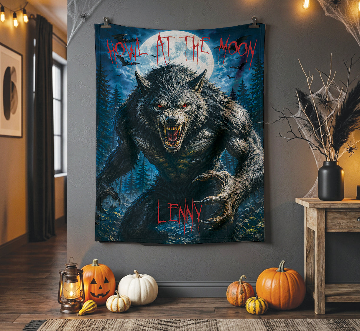 Optional Personalized Werewolf Blanket | Custom Halloween Throw | Gothic Horror Wolf Gift | Spooky  Macabre Tapestry Decor