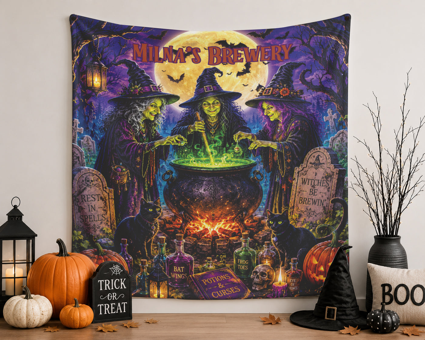 Optional Personalized Halloween Witches Brewing Potions Blanket | Magic Cauldron with Pumpkins and Skulls in Cemetary | Fall Season Decor