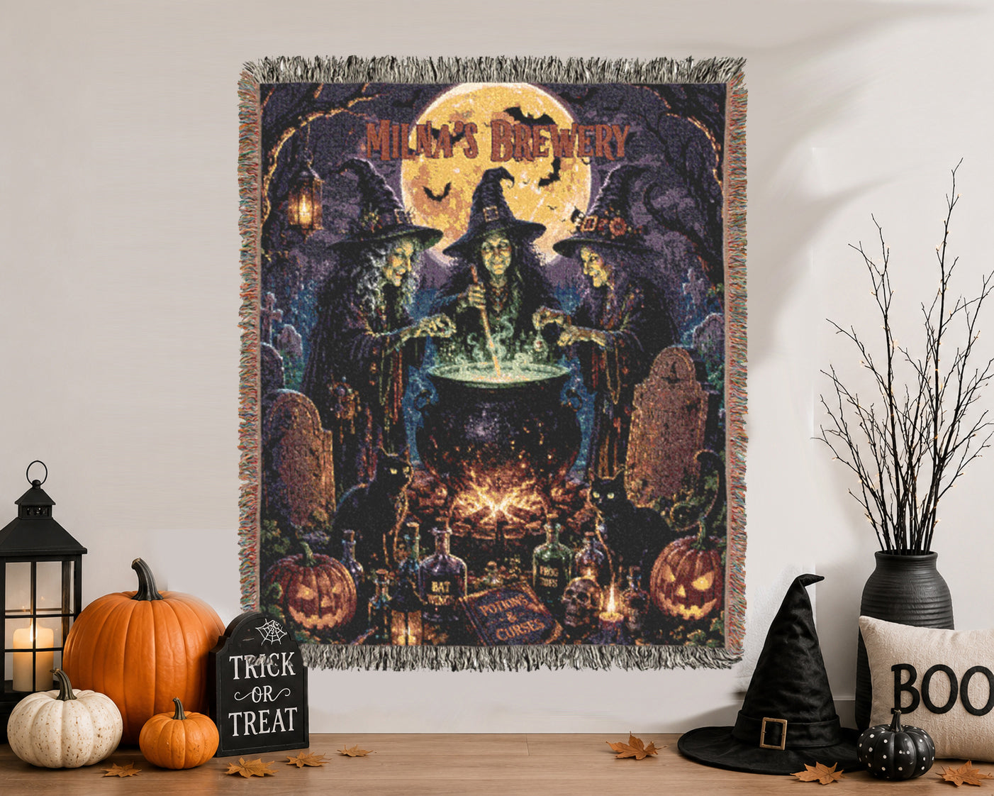 Optional Personalized Halloween Witches Brewing Potions Blanket | Magic Cauldron with Pumpkins and Skulls in Cemetary | Fall Season Decor