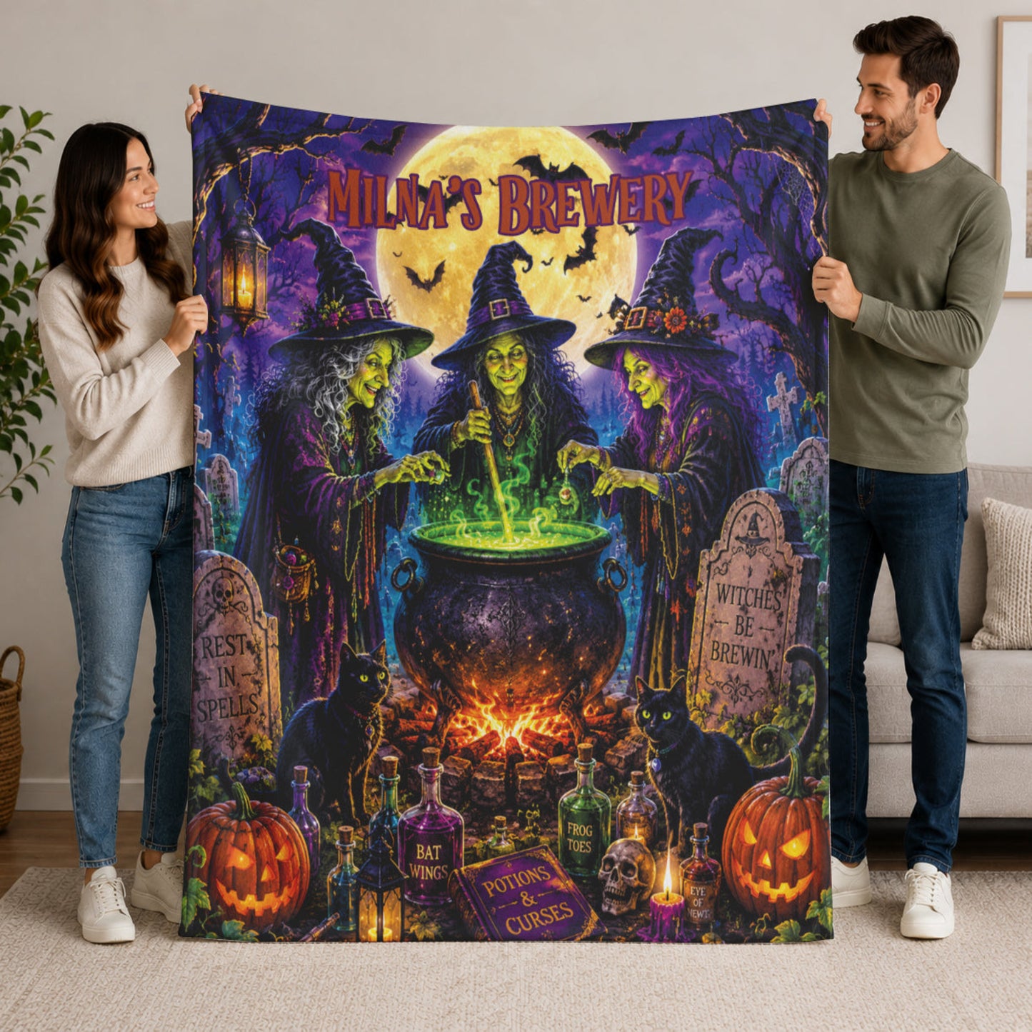 Optional Personalized Halloween Witches Brewing Potions Blanket | Magic Cauldron with Pumpkins and Skulls in Cemetary | Fall Season Decor