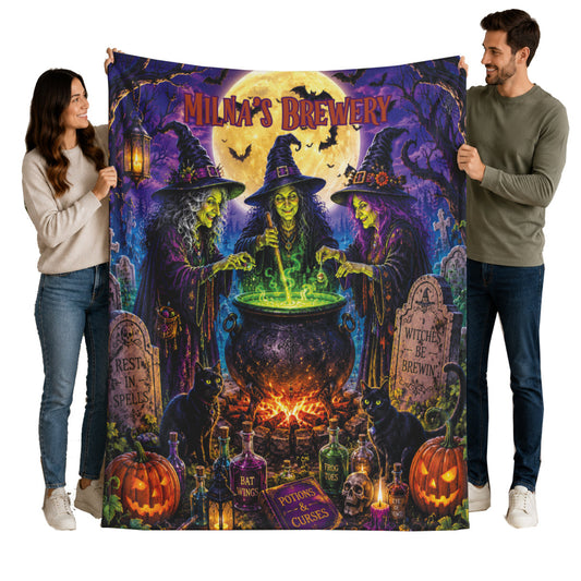 Optional Personalized Halloween Witches Brewing Potions Blanket | Magic Cauldron with Pumpkins and Skulls in Cemetary | Fall Season Decor