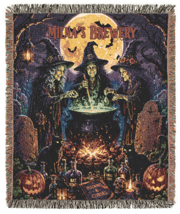 Optional Personalized Halloween Witches Brewing Potions Blanket | Magic Cauldron with Pumpkins and Skulls in Cemetary | Fall Season Decor
