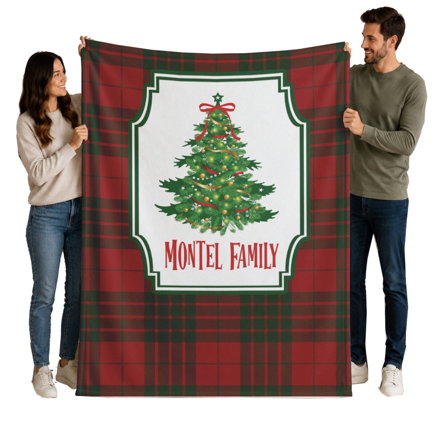 Personalized Christmas Tree Blanket | Custom Family Name Throw | Red Plaid Holiday Blanket | Farmhouse Christmas Gift | Rustic Winter Decor