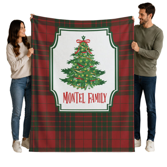 Personalized Christmas Tree Blanket | Custom Family Name Throw | Red Plaid Holiday Blanket | Farmhouse Christmas Gift | Rustic Winter Decor