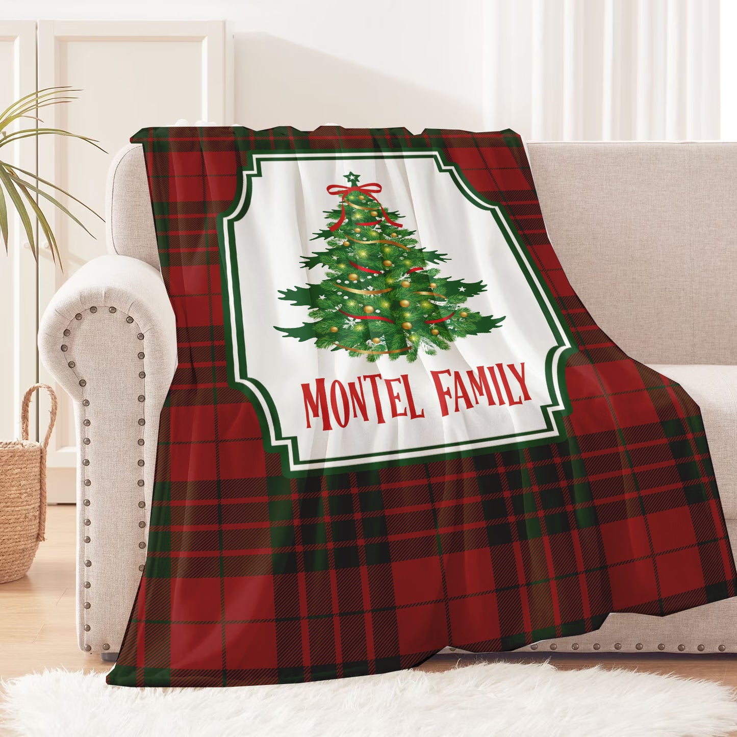 Personalized Christmas Tree Blanket | Custom Family Name Throw | Red Plaid Holiday Blanket | Farmhouse Christmas Gift | Rustic Winter Decor