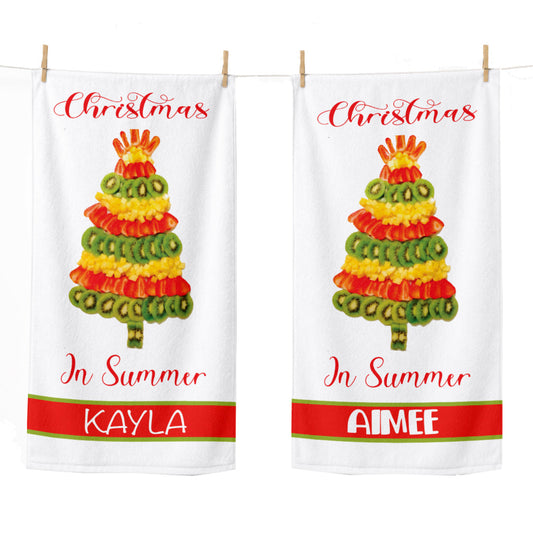 Personalized Christmas in Summer Beach Towel with Name | Summer Fruit Christmas Tree | Winter Holiday Summer | Christmas Vacation Decor