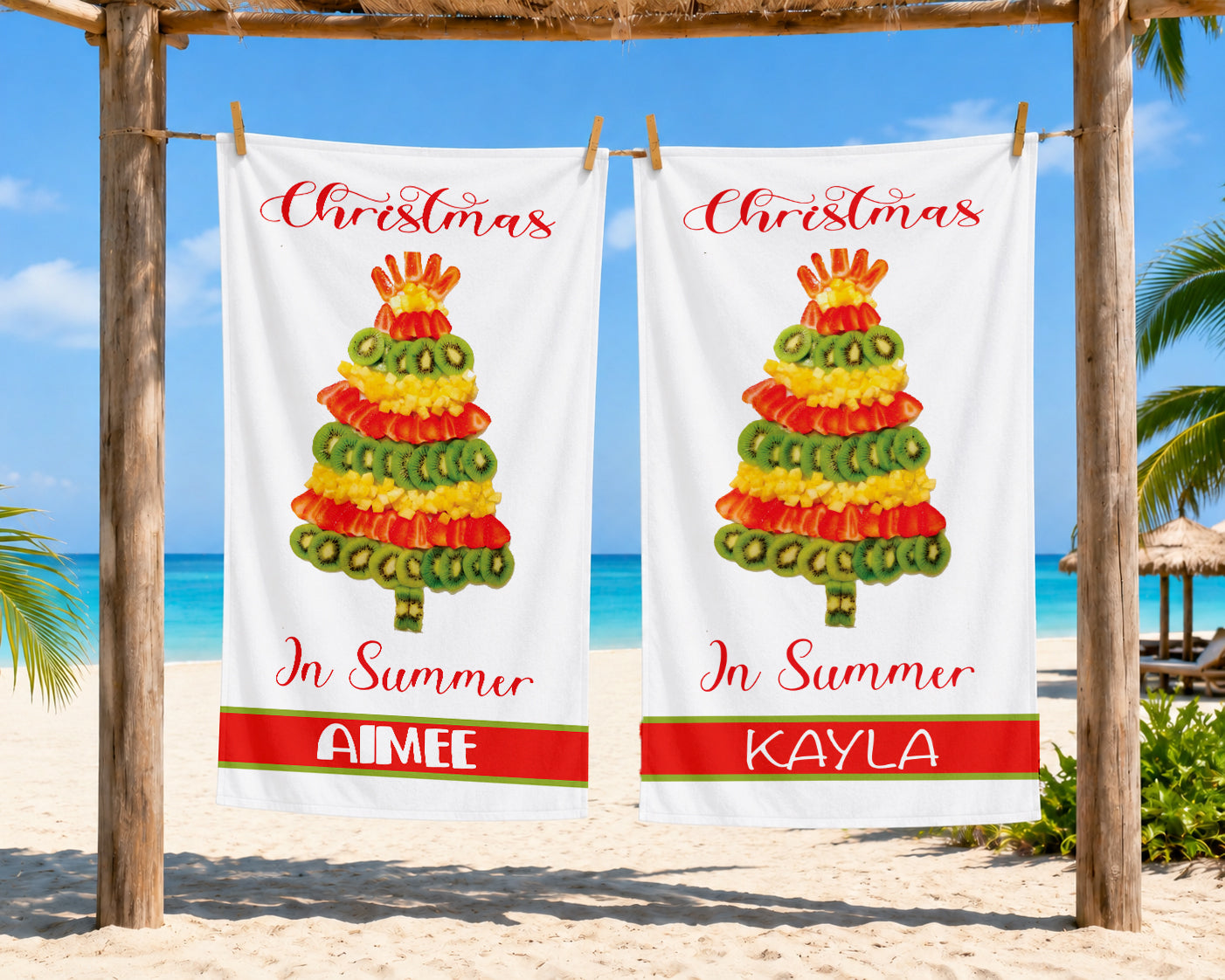 Personalized Christmas in Summer Beach Towel with Name | Summer Fruit Christmas Tree | Winter Holiday Summer | Christmas Vacation Decor