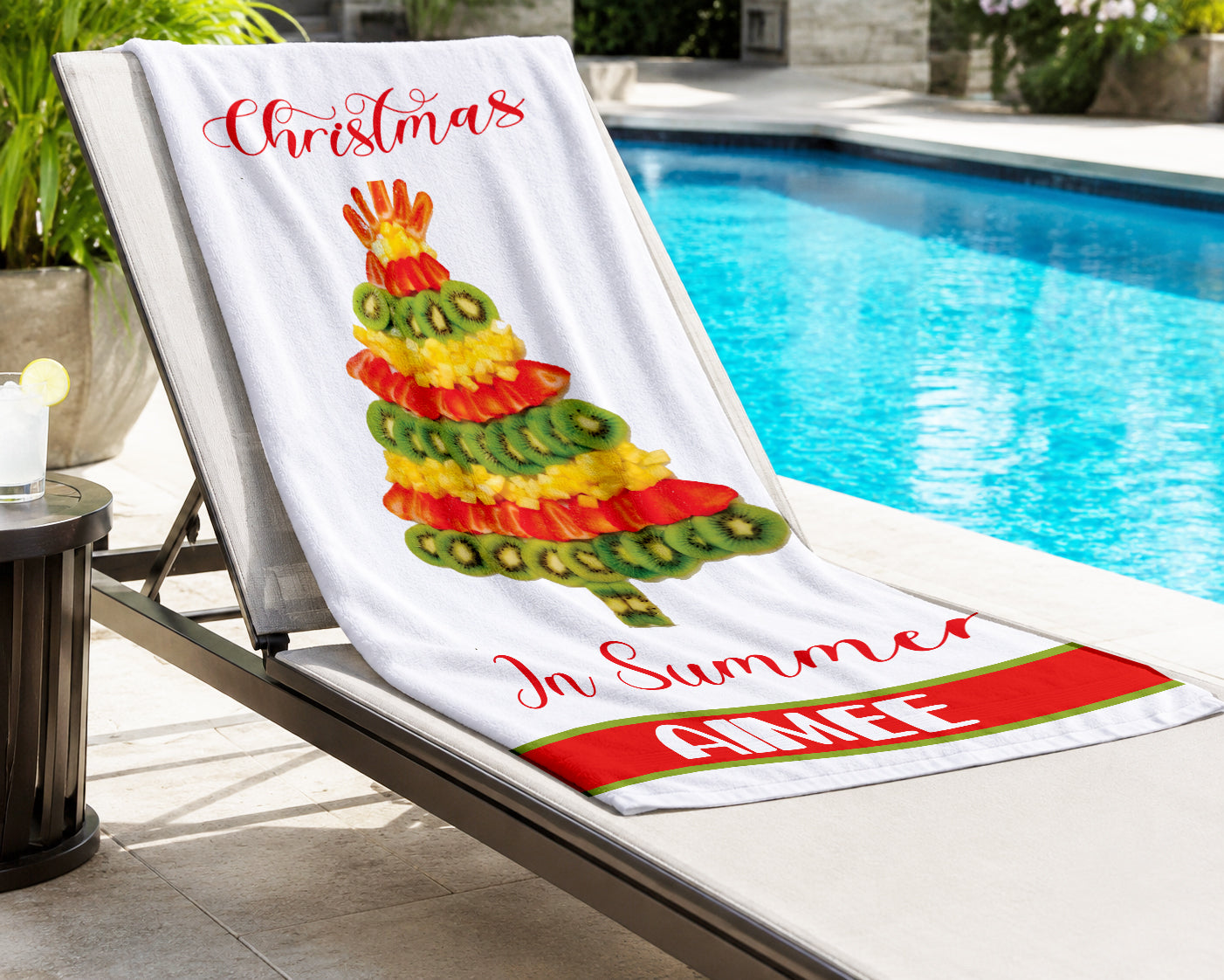 Personalized Christmas in Summer Beach Towel with Name | Summer Fruit Christmas Tree | Winter Holiday Summer | Christmas Vacation Decor