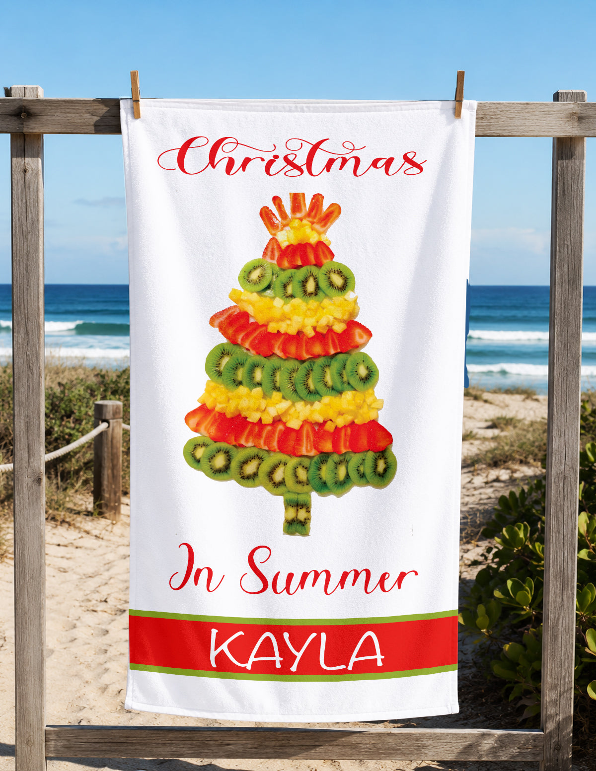 Personalized Christmas in Summer Beach Towel with Name | Summer Fruit Christmas Tree | Winter Holiday Summer | Christmas Vacation Decor