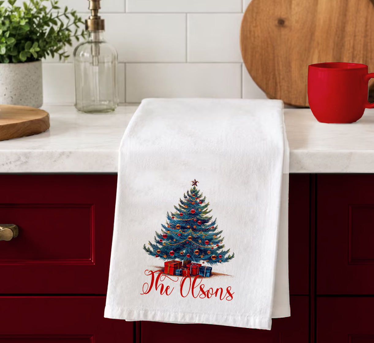 Personalized Christmas Tree Family Name Tea Towel
