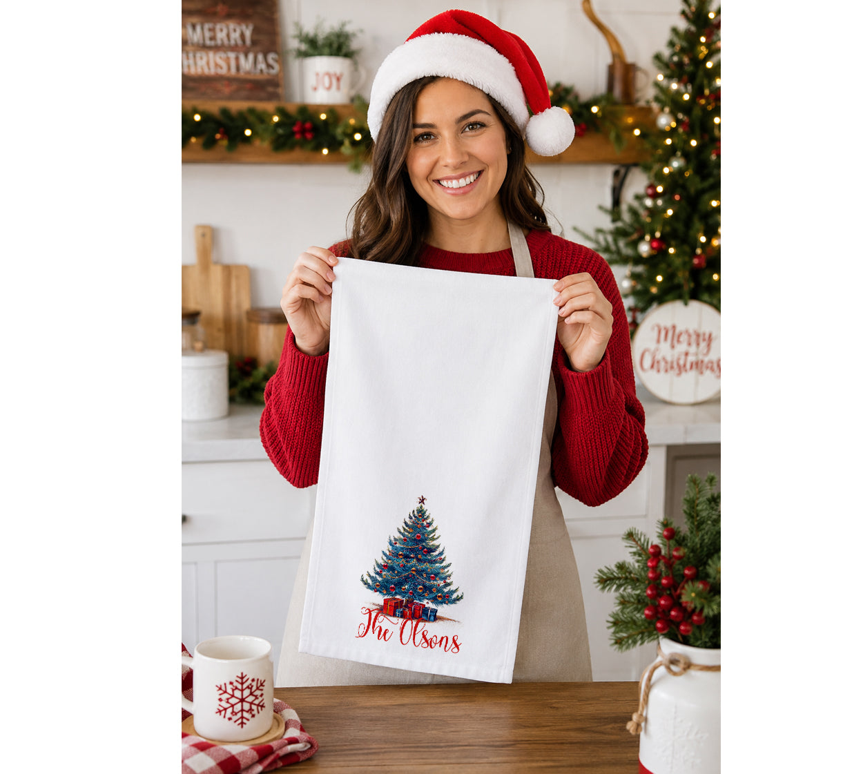 Personalized Christmas Tree Family Name Tea Towel