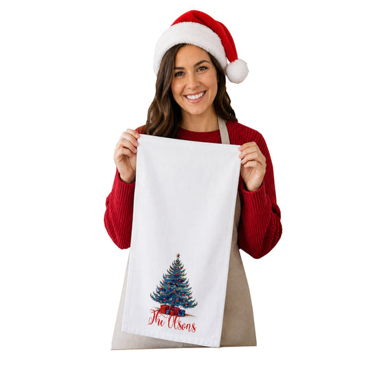 Personalized Christmas Tree Tea Towel | Custom Family Name Kitchen Towel | Kitchen Decor | Holiday Dish Towel |   Hostess Christmas Gift