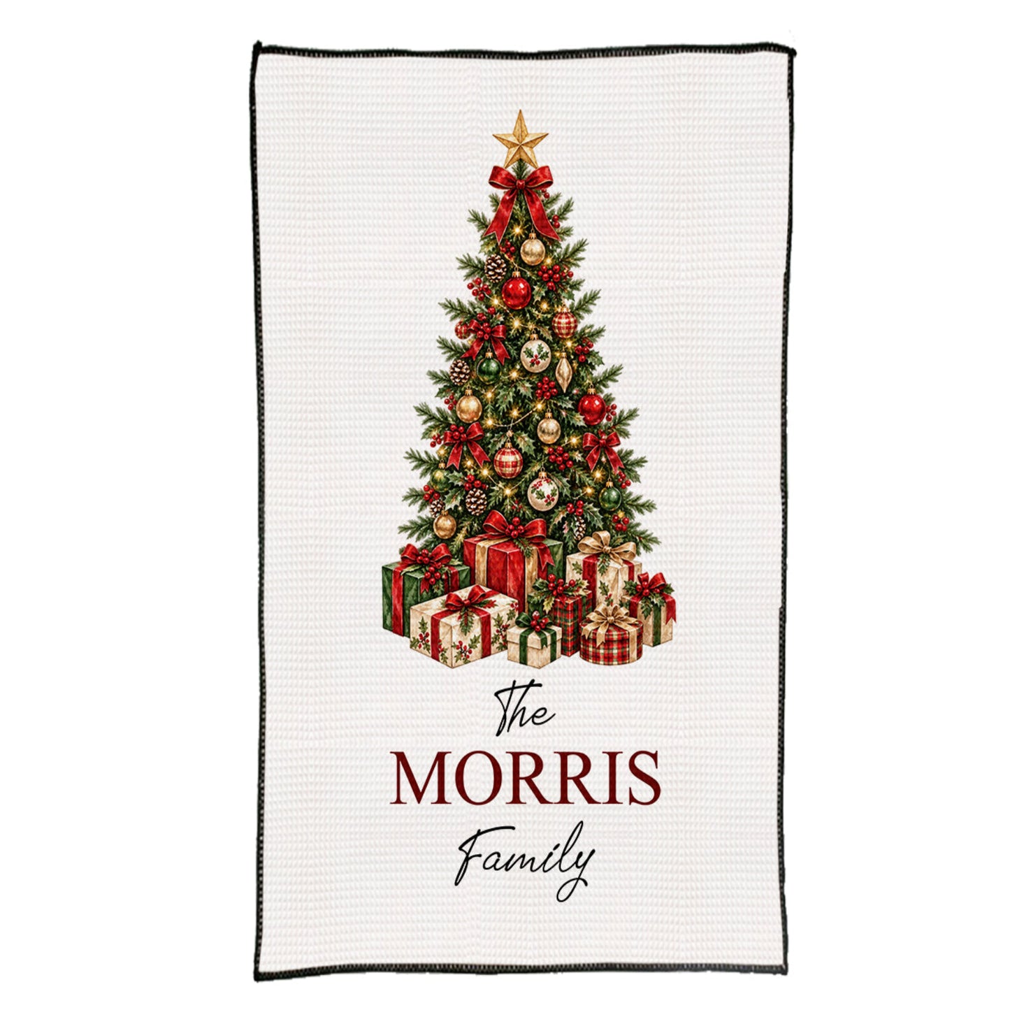 Personalized Christmas Tree Kitchen Towel | Custom Family Name Waffle Weave | Farmhouse Xmas Decor Gift | White Holiday Dish Towel