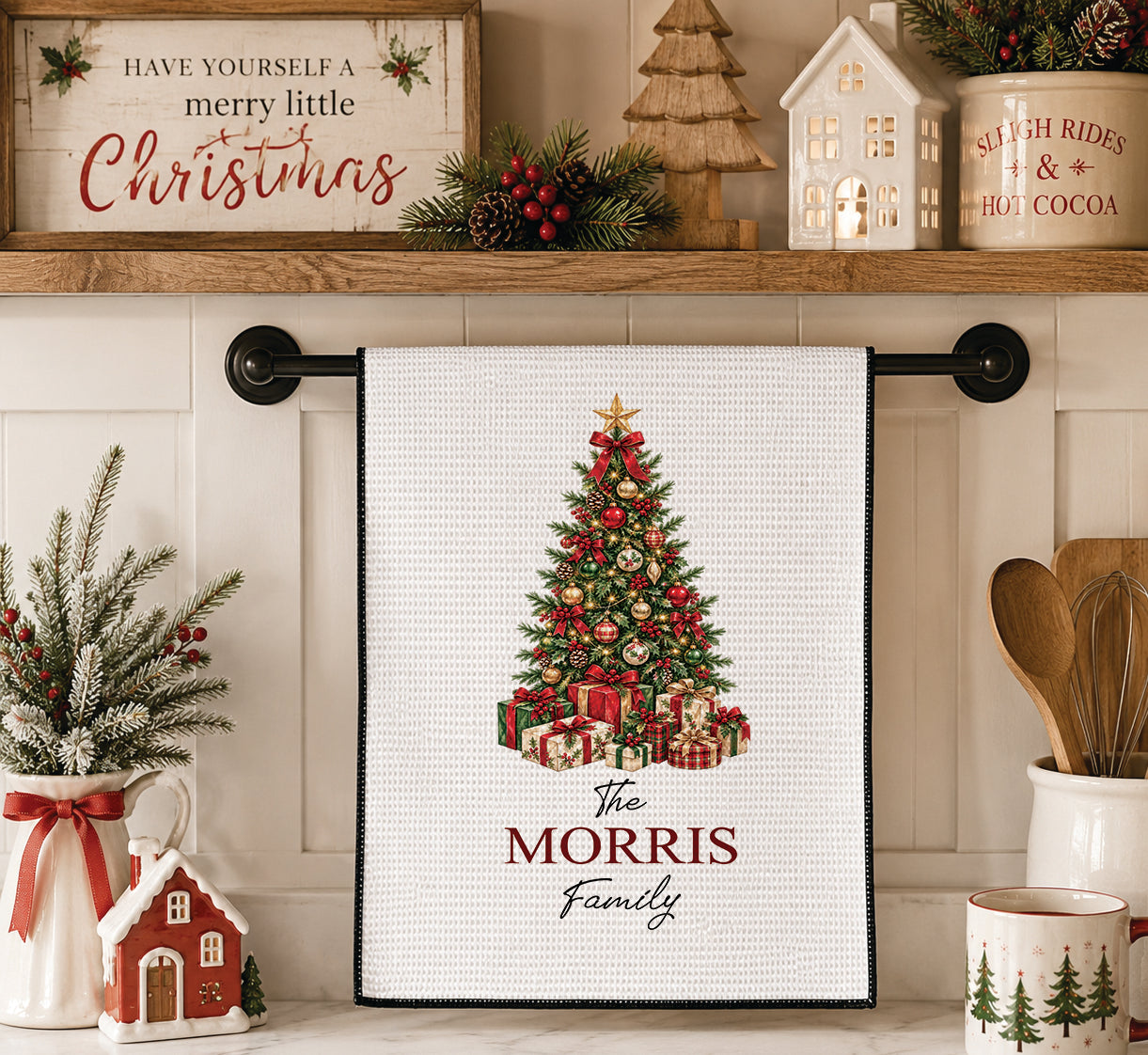 Personalized Christmas Tree Kitchen Towel | Custom Family Name Waffle Weave | Farmhouse Xmas Decor Gift | White Holiday Dish Towel
