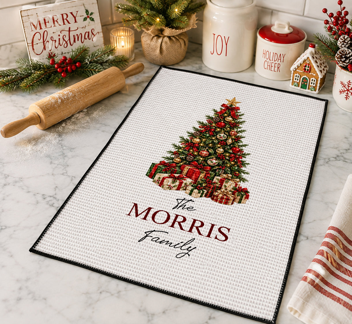 Personalized Christmas Tree Kitchen Towel | Custom Family Name Waffle Weave | Farmhouse Xmas Decor Gift | White Holiday Dish Towel