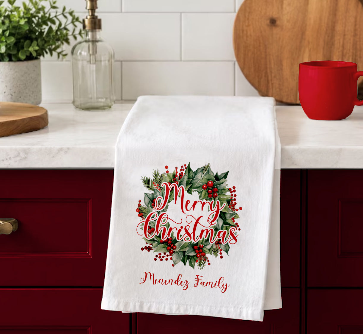 Personalized Christmas Wreath Tea Towel | Custom Family Name Kitchen Towel | Kitchen Decor | Holiday Dish Towel |   Hostess Christmas Gift (Copy)