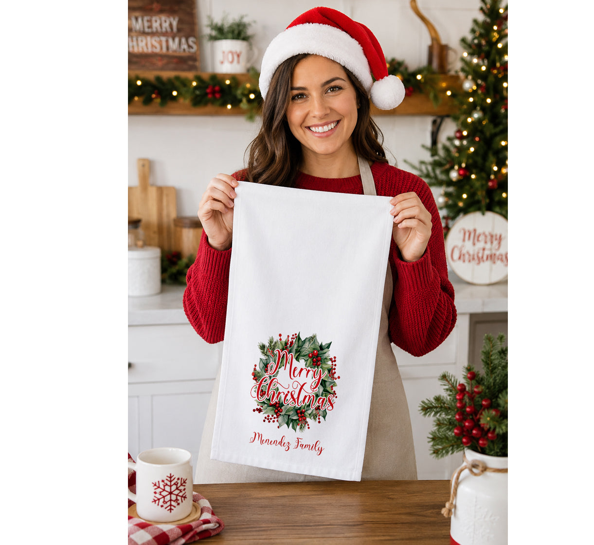 Personalized Christmas Wreath Tea Towel | Custom Family Name Kitchen Towel | Kitchen Decor | Holiday Dish Towel |   Hostess Christmas Gift (Copy)