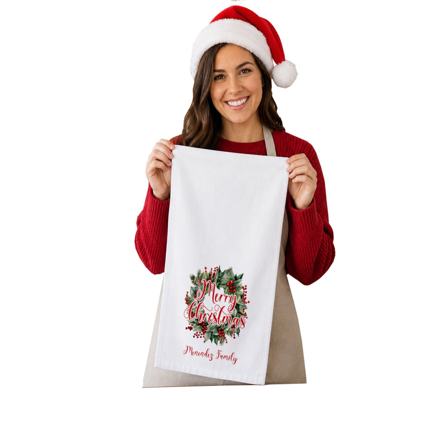 Personalized Christmas Wreath Tea Towel | Custom Family Name Kitchen Towel | Kitchen Decor | Holiday Dish Towel |   Hostess Christmas Gift (Copy)