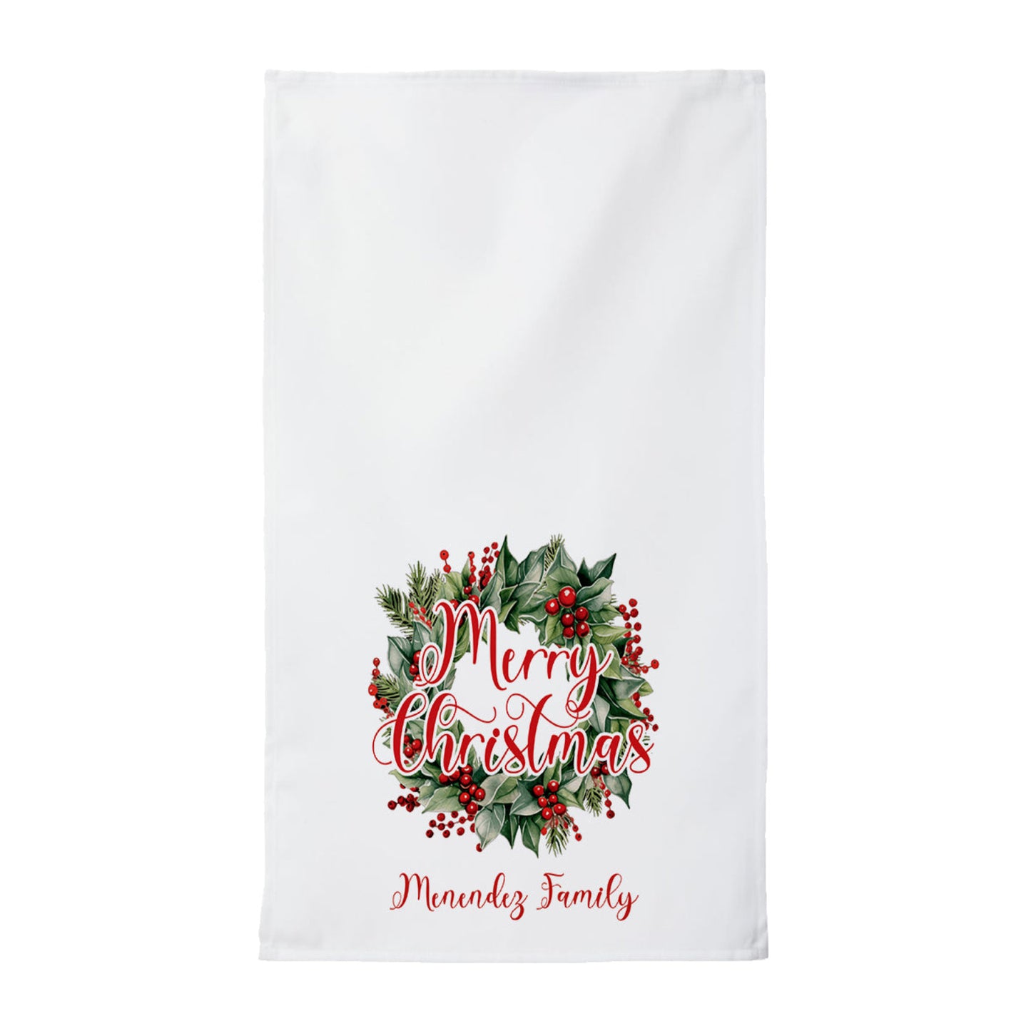 Personalized Christmas Wreath Family Name Tea Towel