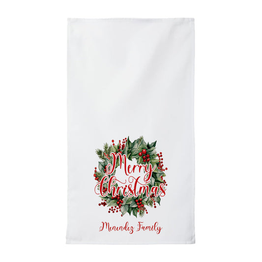 Personalized Christmas Wreath Family Name Tea Towel