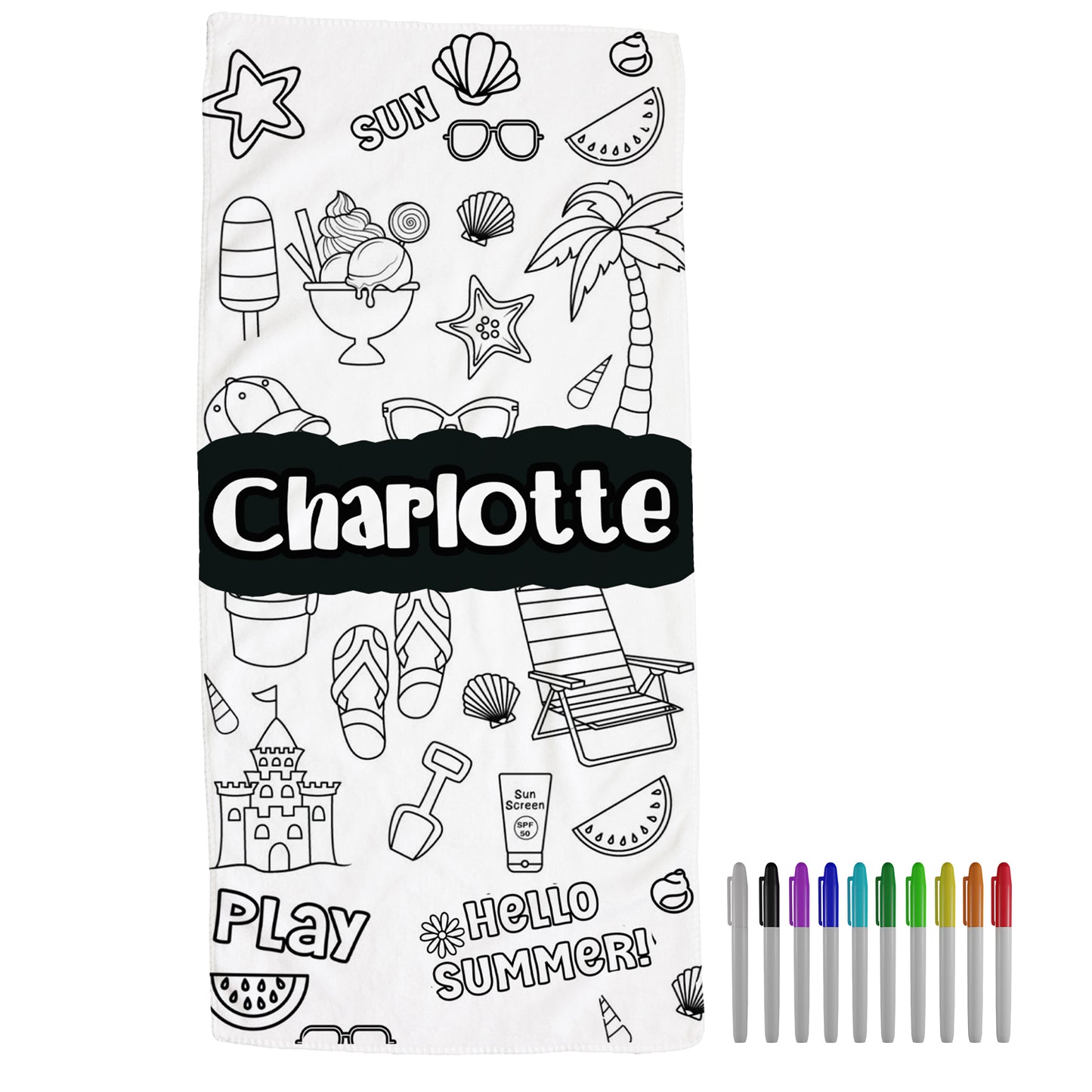 Custom Doodle Towel with Beach Day Design